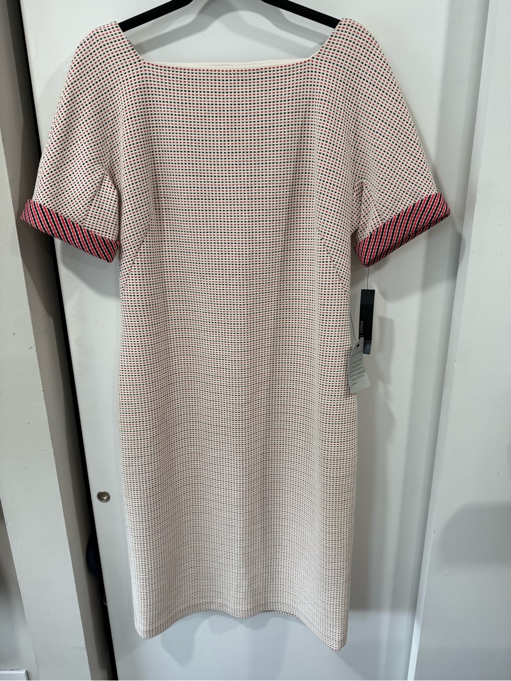Maggy London Cream Shift Dress with Pink Striped Cuff